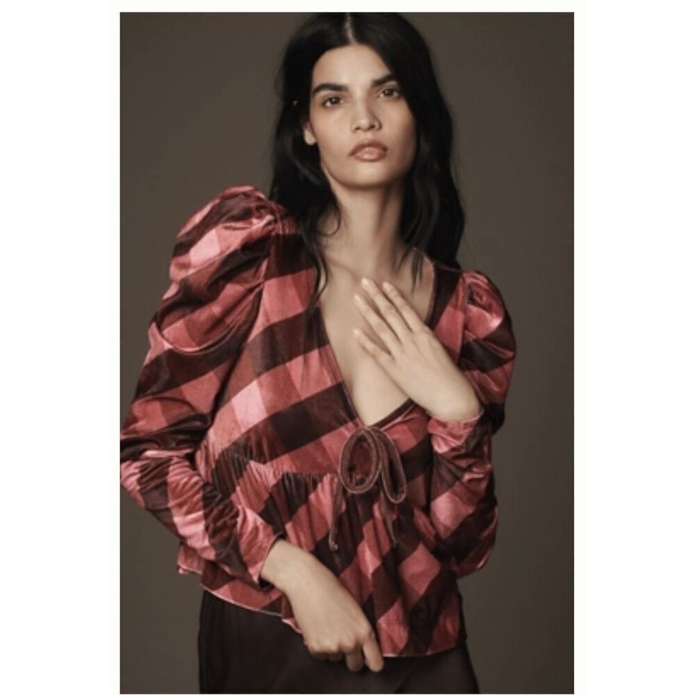 🌸 Anthropologie Maeve Pink Plaid Velvet Babydoll Top Size XXS New